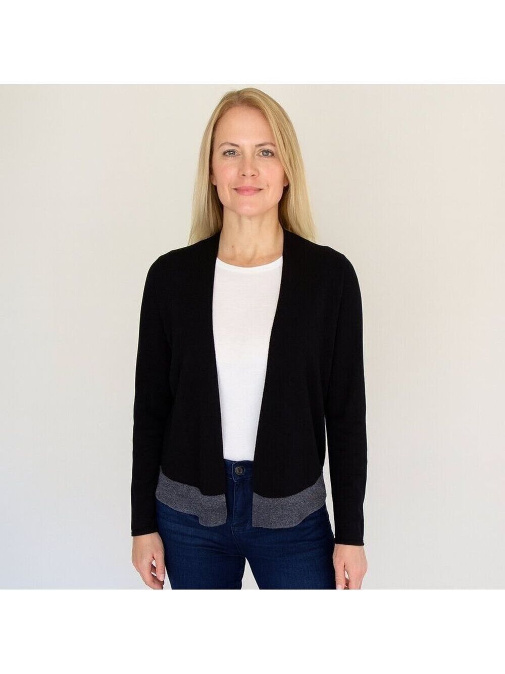EILEEN FISHER Metallic Hem Open Front Jacket S/P | Lightweight Black Cardigan